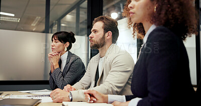 Buy stock photo Attention, boardroom and seminar with business people in office together for career development. Education, listening and workshop with employee team in workplace for review or upskill training