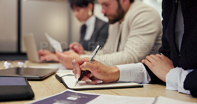 Buy stock photo Hands, seminar and writing with business people in office together for career development. Education, notebook and workshop with employee team at table in workplace for review or upskill training