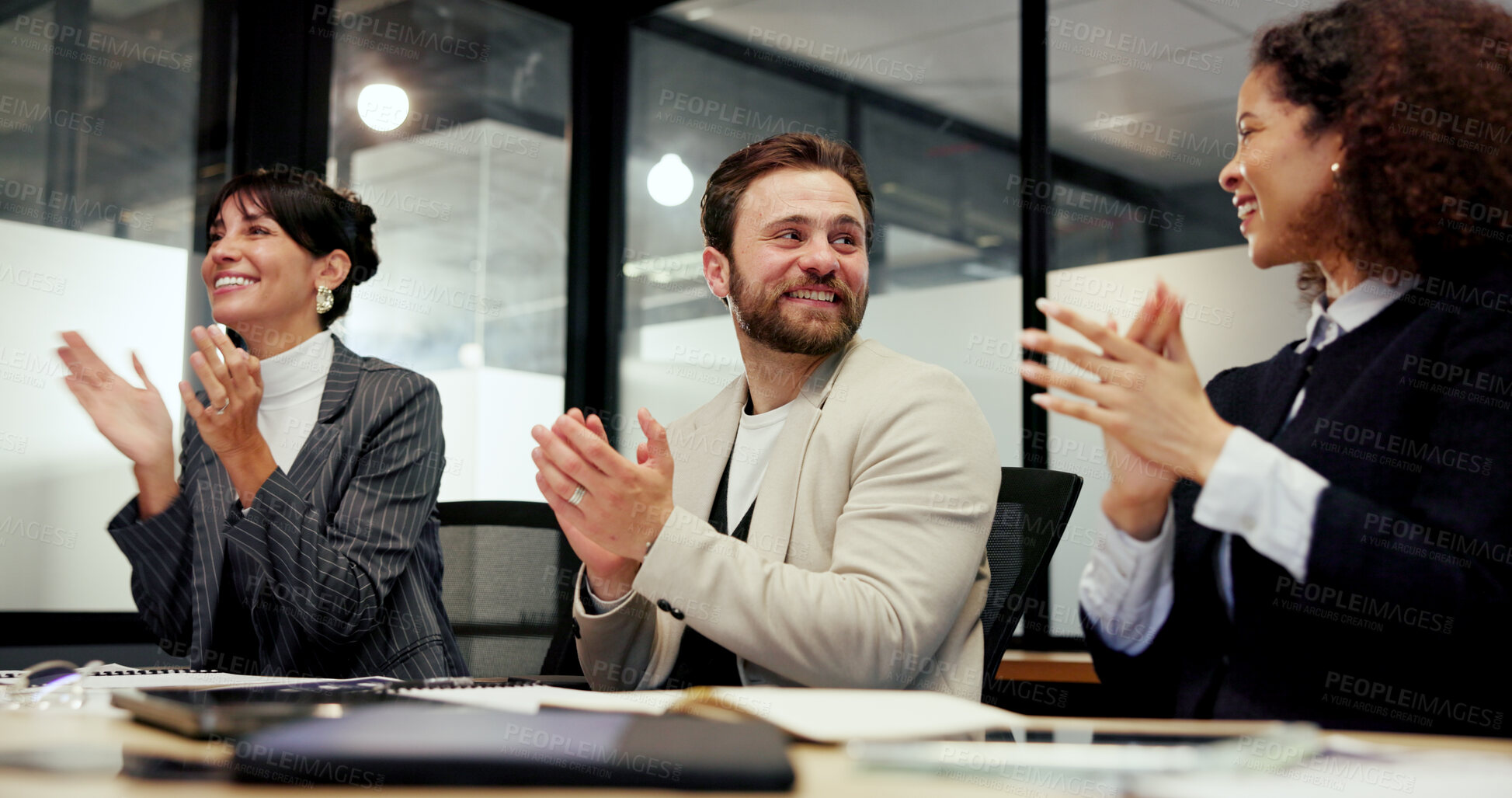 Buy stock photo Happy, group and applause for success, boardroom or excited for investment opportunity and teamwork. Laughing, accountant and people with smile for good news, colleagues and clapping for achievement