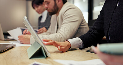 Buy stock photo Hands, seminar and tablet with business people in office together for career development. App, education and workshop schedule with employee team at table in workplace for review or upskill training