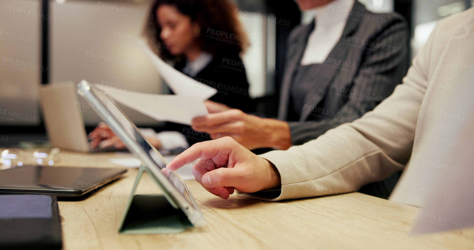 Buy stock photo Boardroom, seminar and tablet with hands of business people in office together for development. App, education and  workshop agenda with employee team in workplace for review or upskill training