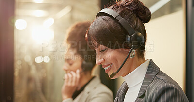 Buy stock photo Woman, smile and headset at call center with talk, insight or customer support at investment agency. Person, broker and agent with mic, happy and solution at help desk for financial trading at office
