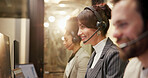Talking, coworkers and woman with headset in call center, night and communication for telemarketing. Working late, chat and people with mic for lead generation, consultant and conversation for sales