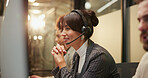 Happy, woman and coworkers with headset in call center, night and communication for lead generation. Working late, agent and people with mic for consultation, friendly and conversation for sales