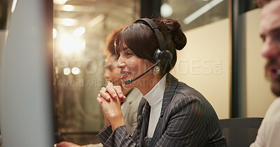 Buy stock photo Happy, woman and coworkers with headset in call center, night and communication for lead generation. Working late, agent and people with mic for consultation, coworking and conversation for sales