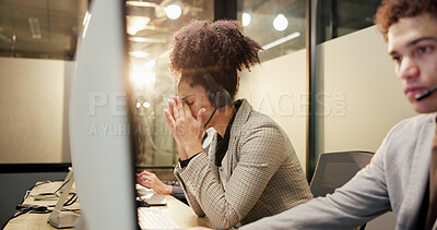 Buy stock photo Woman, headache and night with headset at call centre for customer service, crm and client complaint. Stress, person and coworking with migraine, tech support deadline and agent burnout of compliance