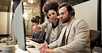 Headset, computer and call center agent with manager in office for feedback on crm or contact us. Communication, advice and technical support consultants with online customer service in workplace.