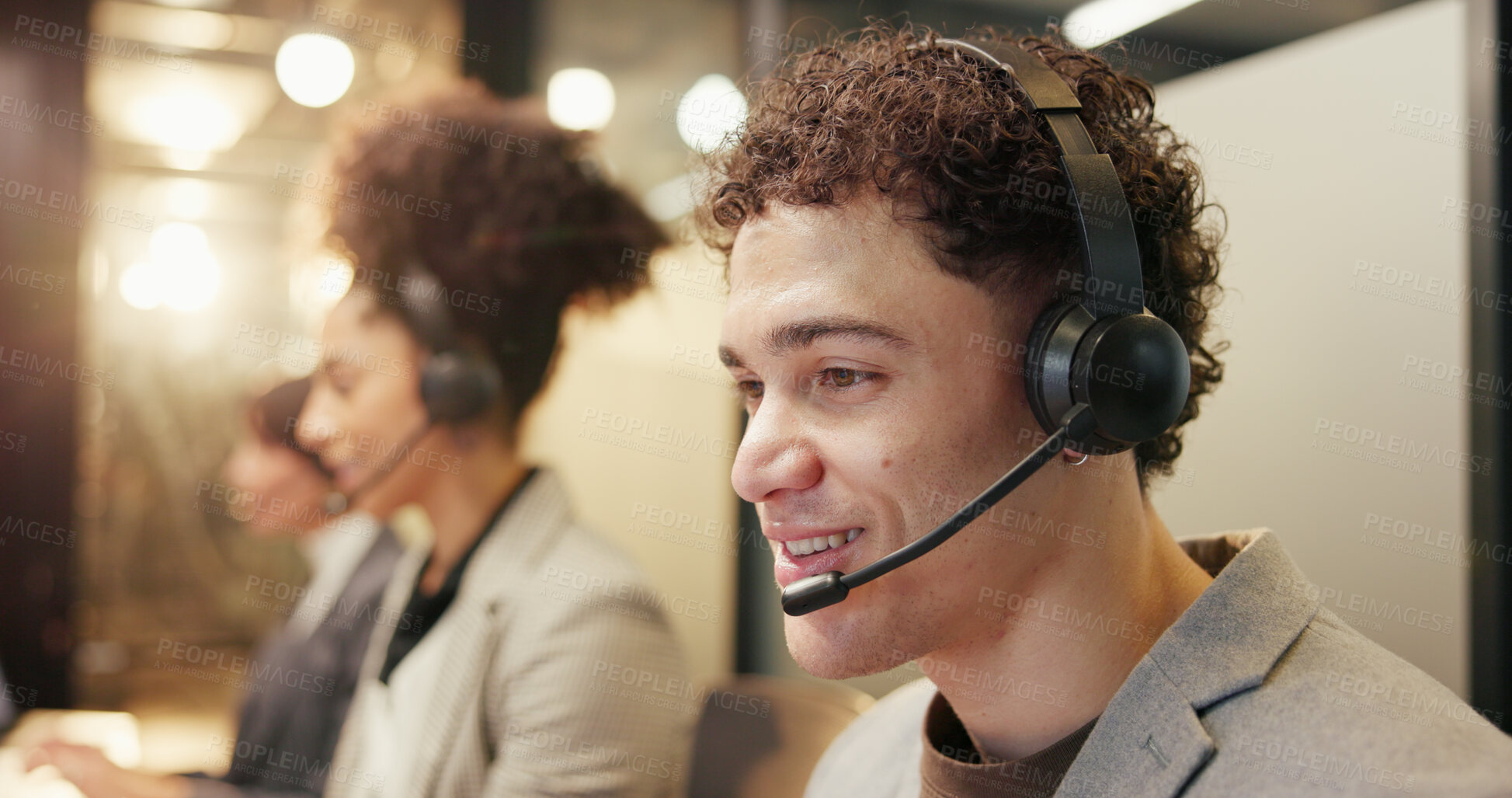 Buy stock photo Businessman, agent or call center with headset for customer service or online advice in office. Man, consultant and talking with mic for virtual assistance, help or communication agency in workplace