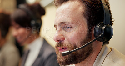 Buy stock photo Businessman, consultant or call center with headset for customer service or online advice in office. Man, agent and talking with mic for virtual assistance, help or communication agency in workplace