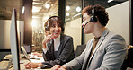 Headset, computer and call center consultant with manager in office for feedback on crm or contact us. Communication, advice and technical support agents with online customer service in workplace.