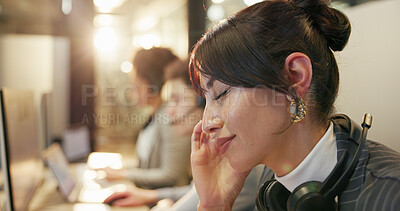 Buy stock photo Business woman, tired and break in office with headphones, overwhelmed and support for mental clarity. Headache, call center agent and female in workplace with tech, stress and worry in company.
