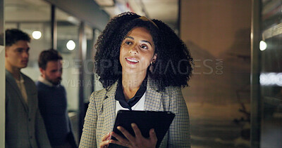 Buy stock photo Night, thinking and woman in office, tablet and editor with article publication, app and ideas. Evening, person and journalist with breaking news, problem solving and choice for blog post or decision