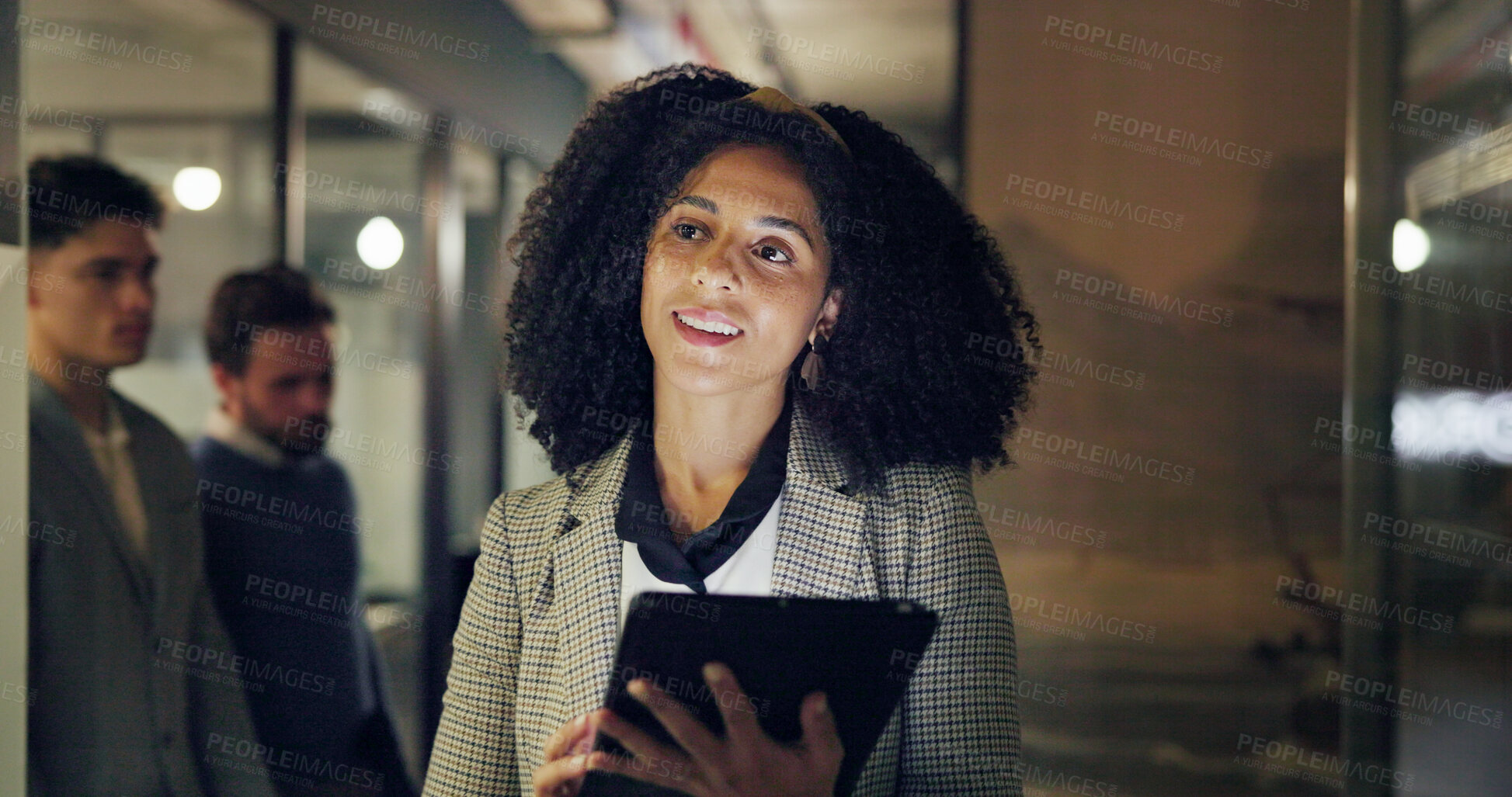Buy stock photo Night, thinking and woman in office, tablet and editor with article publication, app and ideas. Evening, person and journalist with breaking news, problem solving and choice for blog post or decision