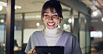 Woman, tablet and happy at night, office and review for project management with bokeh at media company. Person, tech and smile with application, checklist or feedback for proposal at creative agency