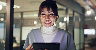 Buy stock photo Woman, tablet and happy at night, office and review for project management with bokeh at media company. Person, tech and smile with application, checklist or feedback for proposal at creative agency