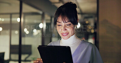 Buy stock photo Night, employee and woman with tablet in office, journalism or proofreading for magazine on website. Bokeh, editor and mature person with tech for article, creative and working late for publication