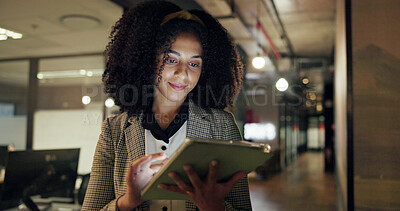 Buy stock photo Night, online reading and woman with tablet, research for news report and copywriting. Person, evening and journalist with tech, creative agency and magazine website with app for publishing schedule