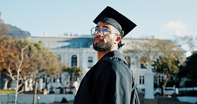 Buy stock photo Thinking, university and man graduate with education achievement, success or future vision. Ideas, scholarship and male student with graduation for studying, learning or award on college campus.
