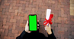 Person, hands and phone screen with certificate for graduation, academic results or scholarship. Top view, student and graduate with mobile smartphone display or qualification for app on mockup space