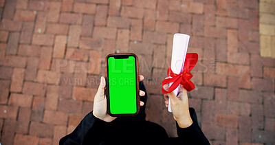 Buy stock photo Person, hands and green screen with phone or certificate for graduation or academic scholarship. Top view, student and graduate with mobile smartphone display or qualification for app on mockup space