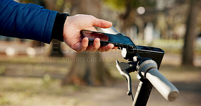 Buy stock photo Hand, clean energy and electric scooter with phone for digital payment, technology and fintech. Mobile app, sustainability and person with cashless transaction, eco friendly or transportation service