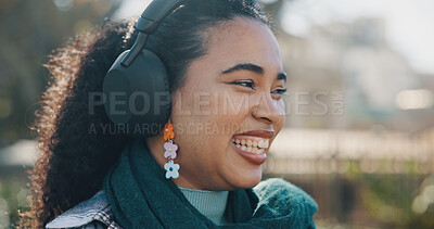Buy stock photo Happy, thinking or woman in nature with headphones, streaming music or funny podcast with space. Laughing, listening and female person outdoor in park with wireless technology, audio and online radio