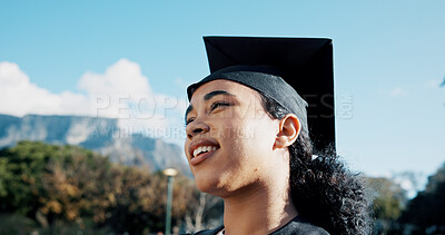 Buy stock photo Woman, college student and thinking outdoor for graduation at campus for memory, reflection or education. Girl, happy and perspective for achievement at university, scholarship or low angle in Mexico