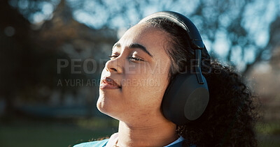Buy stock photo Eyes closed, outdoor and woman with headphones, student and break with subscription. University campus, sound and person with stress relief, podcast and calm with radio, zen and listening to music