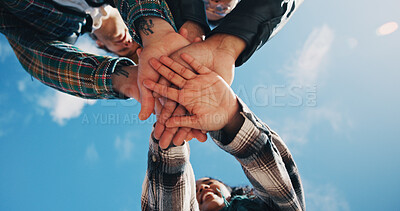 Buy stock photo University, students and hands together with support on blue sky for solidarity, study group or unity. Low angle, education and people with huddle at college for campus community and exam motivation