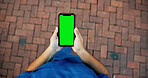 Hands, doctor and pov on phone with green screen, health insurance and online research with space. Medical aid, nurse and person in healthcare with mobile app, telehealth and medicare on technology.