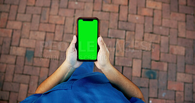 Buy stock photo Hands, doctor and pov on phone with green screen, health insurance and online research with space. Medical aid, nurse and person in healthcare with mobile app, telehealth and medicare on technology.