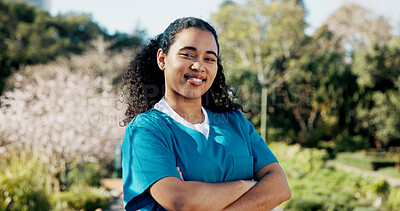 Buy stock photo Outdoor, woman or nurse in portrait with confidence, scholarship or smile for education. Proud, med student or person arms crossed in park with opportunity, positive and happy on study break
