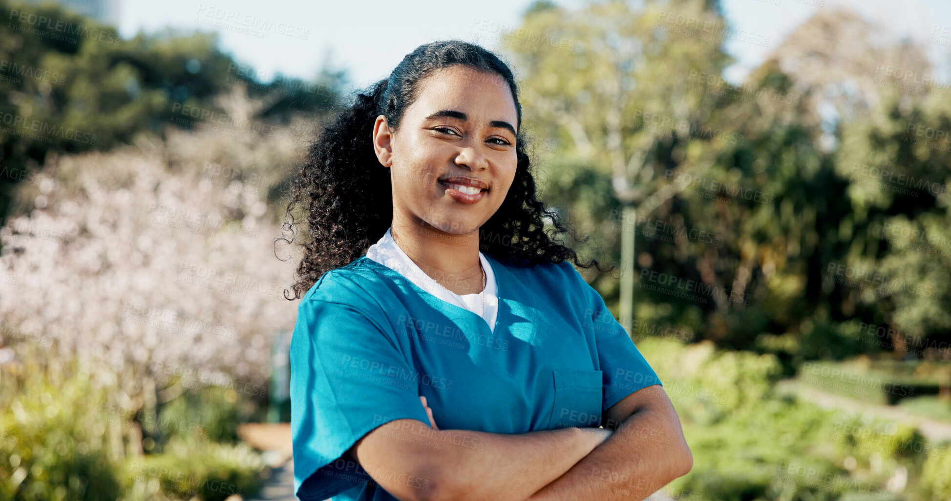 Buy stock photo Outdoor, woman or nurse in portrait with confidence, scholarship or smile for education. Proud, med student or person arms crossed in park with opportunity, positive and happy on study break
