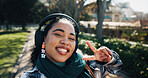 Headphones, peace sign and selfie with girl student on campus for development or education. Emoji, music and portrait of happy teen outdoor at college or university for social media profile picture