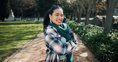 Buy stock photo Woman, college student and smile for portrait at campus, arms crossed or pride for learning at academy. Person, happy and confidence with education, scholarship or development at university in Mexico