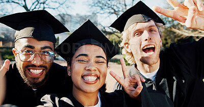 Buy stock photo Selfie, friends and graduation in college with peace sign, outdoor and social media post on portrait. Happy, students and people with photography, group picture and memories for education success.