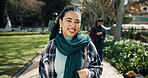 Happy, portrait and woman on college campus for learning, skills development and education degree. Smile, student or female person outdoor in university with knowledge, academic study or scholarship