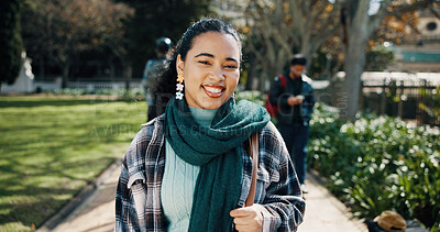 Buy stock photo Happy, portrait and woman on college campus for learning, skills development and education degree. Smile, student or female person outdoor in university with knowledge, academic study or scholarship