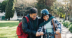Smile, couple and students on scooter with help, partner support and travel to university. Happy, people and guidance on electric transport for eco friendly commute, sustainable journey and bonding
