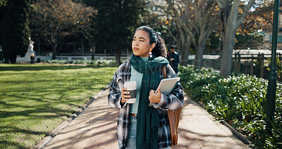 Buy stock photo Woman, college student and walk at campus with coffee, tablet and reflection for learning at academy. Person, perspective and bag for education, scholarship or mindset for development at university