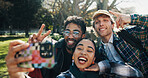 Selfie, friends and outdoor in park with phone, carefree and social media post on university break. Happy, students and photography with technology, group picture and memories on spring vacation. 