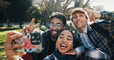 Buy stock photo Selfie, friends and outdoor in park with phone, carefree and social media post on university break. Happy, students and photography with technology, group picture and memories on spring vacation. 