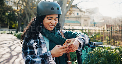 Buy stock photo Notification, phone and woman on social media with scooter, eco friendly and online on internet. Digital, happiness and African person in city with smile, connection and reading for sustainability