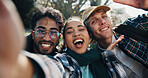 Selfie, friends and outdoor in park with portrait, carefree and social media post on spring vacation. Happy, students and friendship with photography, group picture and memories on university break. 