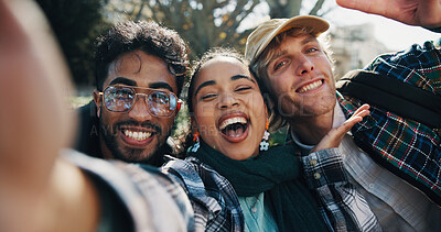 Buy stock photo Selfie, friends and outdoor in park with portrait, carefree and social media post on spring vacation. Happy, students and people with photography, group picture and memories on university break. 