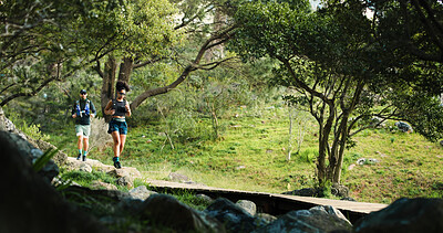 Buy stock photo Fitness, running or couple in forest for marathon training, challenge or outdoor sport for health. Exercise, dedication or people in nature for workout, cardio or endurance practice for competition