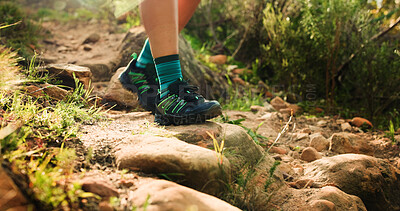 Buy stock photo Shoes, hiking and person with fitness, nature and environment with wellness, cardio and path. Feet, outdoor and healthy hiker with sneakers, walking and adventure with exercise, hobby and explore