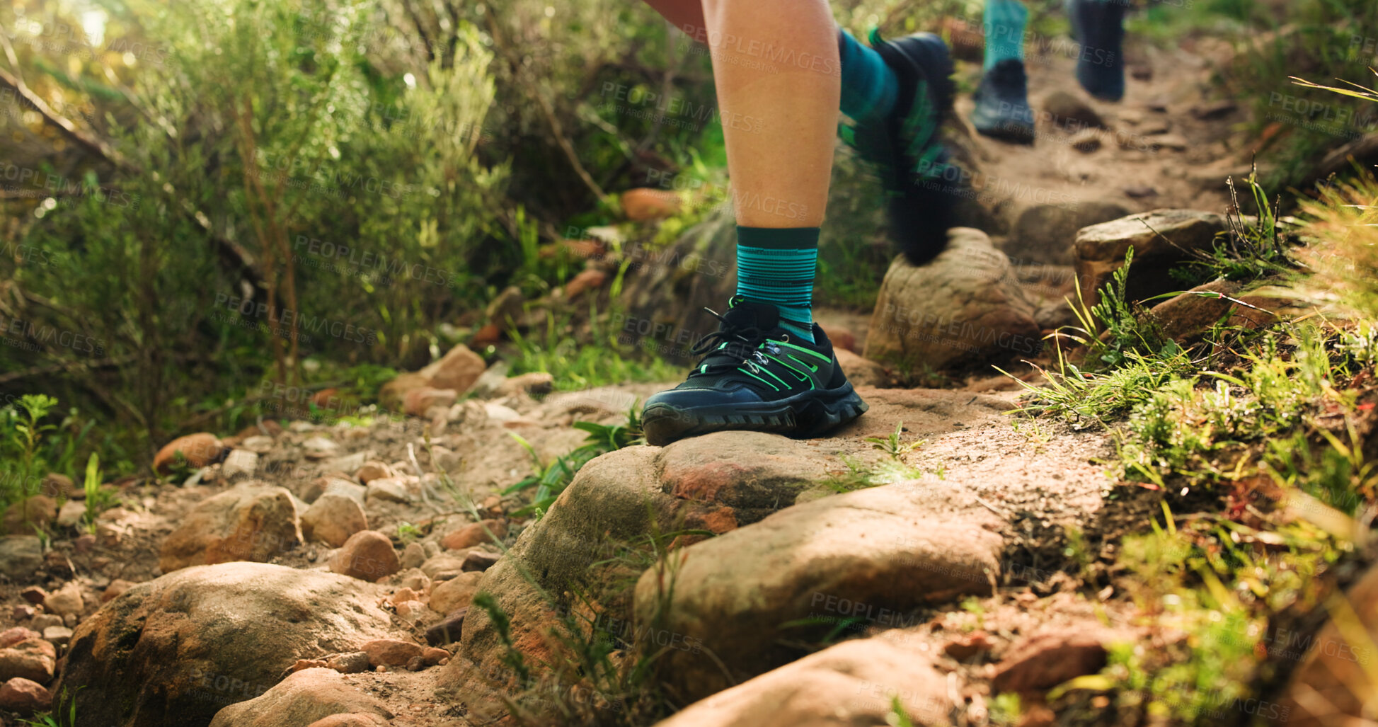Buy stock photo Shoes, hiking and person with fitness, walking and environment with wellness, explore and path. Feet, outdoor and healthy hiker with sneakers, trekking or training with exercise, hobby and travel