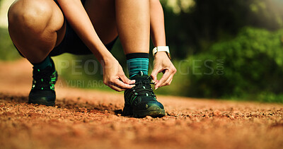 Buy stock photo Nature, fitness and person tie shoes ready to start workout, exercise and training for hike outdoor. Sports, sneakers and hands of athlete with shoelace for wellness, health and adventure on trail
