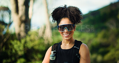 Buy stock photo Happy, nature and portrait of woman with running, workout or exercise outdoor in woods. Fitness, health and female athlete with cardio training in forest for race practice for wellness in morning.